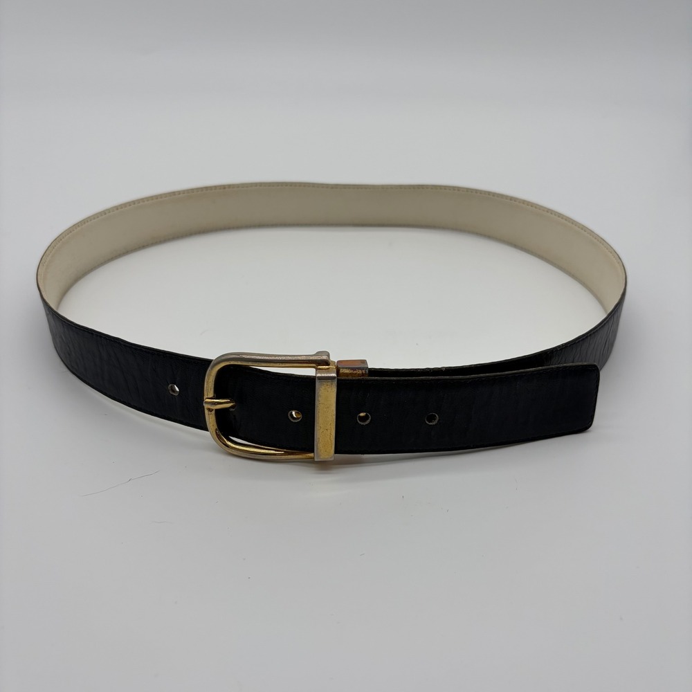 Vintage Black Reversible Leather Belt Solid Brass Buckle Taiwan ROC Gold Tone 32